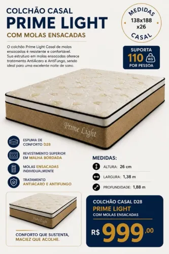 Colchão casal D28 prime light com molas ensacadas Novo