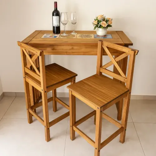 Bancada Gourmet Balcão Cozinha Madeira + 2 Banquetas Encosto