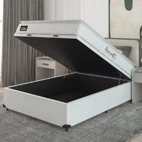 Colchão Casal Espuma D33 + Cama Box Baú da cor Branco