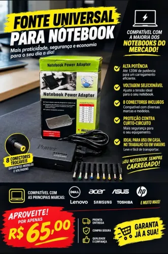 Fonte Universal para Notebook 120W + 8 Conectores |