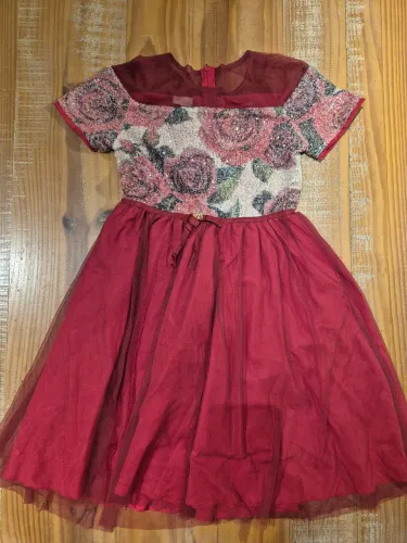 vestido luxo tule vermelho com paetê estampado tam. 14