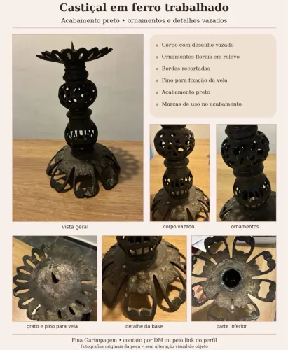 Castiçal de Ferro Trabalhado Preto com Ornamentos Florais e Corpo Vazado