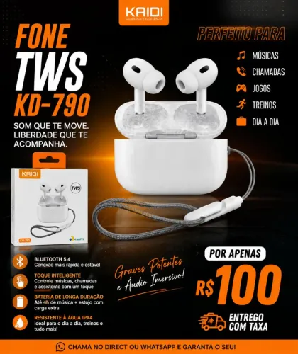 Fone Bluetooth TWS Kaidi KD-790 - Bluetooth 5.4 | Lacrado | Homologado Anatel