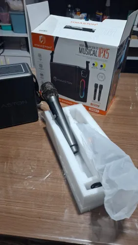 Caixa de som sem fio com dois microfones.