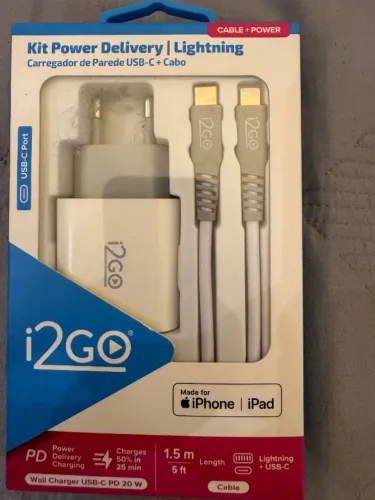 Carregador Rápido iPhone USB-C 20W i2GO + Cabo Lightning 1,5m (Novo)