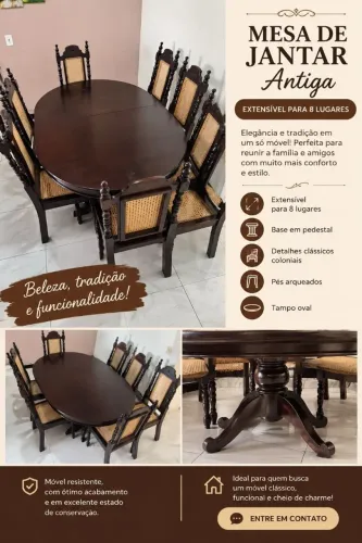 Mesa de jantar extensível para 8 lugares. Base em pedestal, detalhes clássicos coloniais.