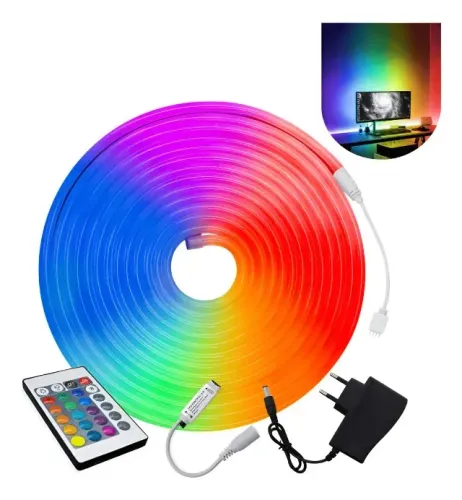 Fita Neon Led 5m 12v Flexível Rgb Brilho Com Controle+ Fonte