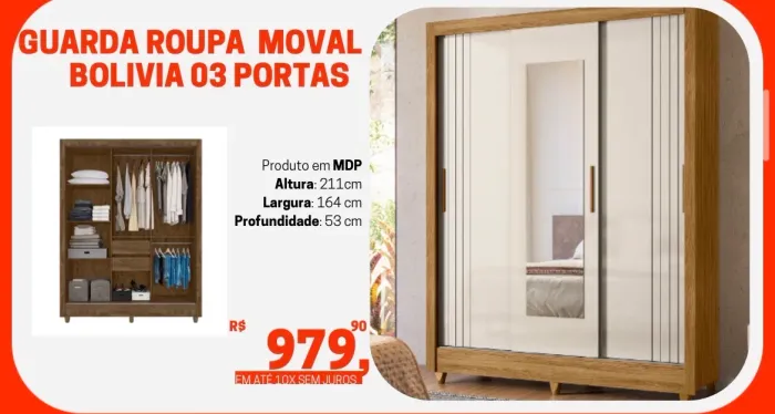 Guarda-Roupa Móval Bolívia 3 Portas com Espelho - Novo - Entrega Rápida