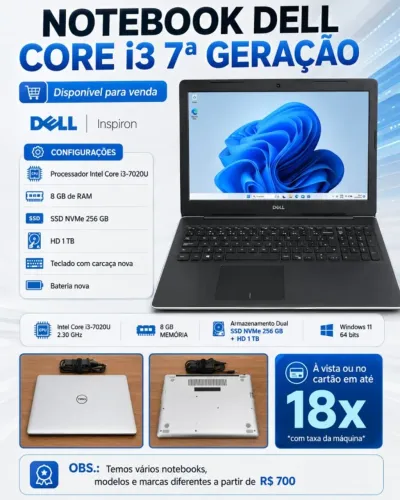 Notebook Dell Inspiron Core i3 7ª Geração 8GB SSD 256GB + HD 1TB