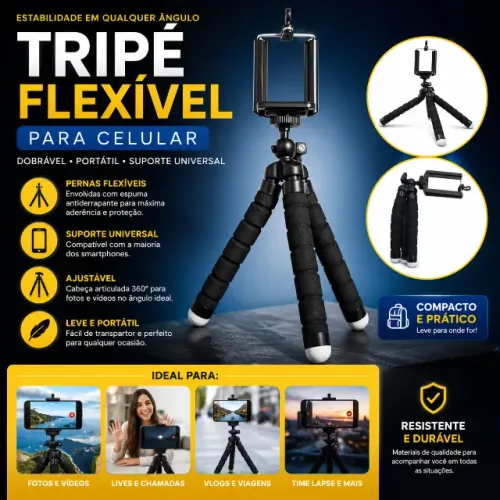 Tripé flexível para celular -- ajustável, dobrável, portátil, c/ suporte universal