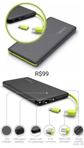 Carregador portátil Power bank 10.000 mha. Retire em mãos ou por app de entrega