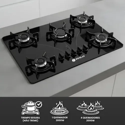 Fogão Cooktop 5 Bocas Pop Vidro Temperado Trempe Ferro Fundido