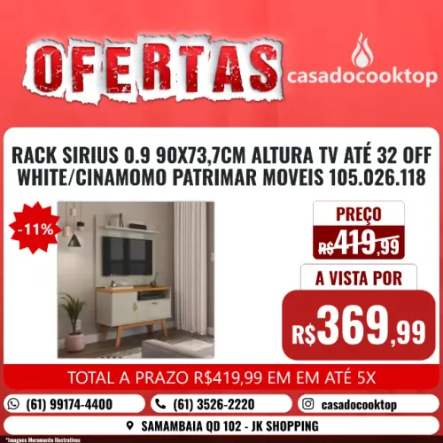 RACK SIRIUS 0.9 90X73,7CM ALTURA TV ATÉ 32 OFF WHITE/CINAMOMO PATRIMAR MOVEIS