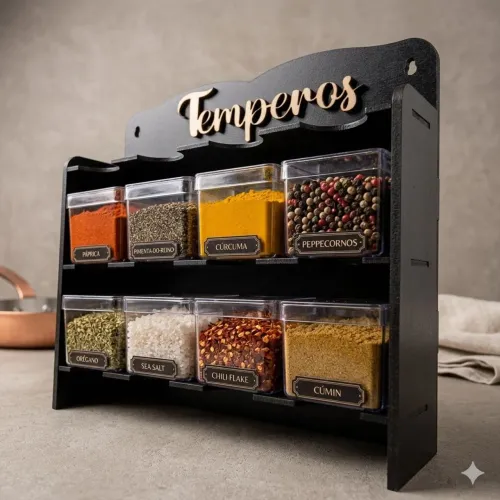 Porta temperos MDF com 8 recipiente de acrílico.