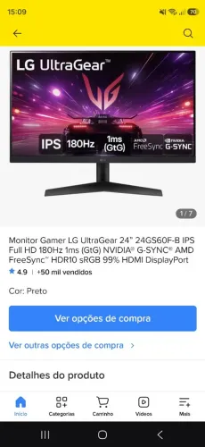 Monitor Gamer LG UltraGear 24" 180Hz Nvidea