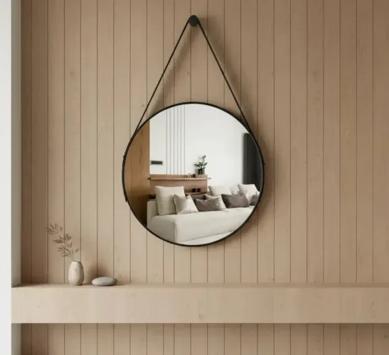 Espelho Adnet 40cm Suporte Couro Sala Quarto Banheiro