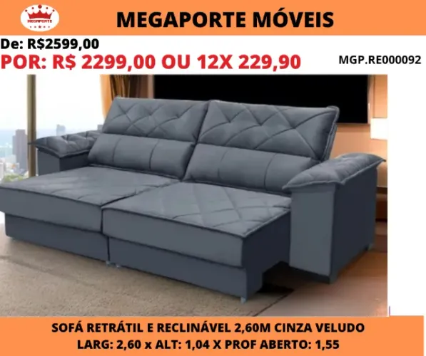 Sofá Retrátil e Reclinável Roma 2,60 Veludo