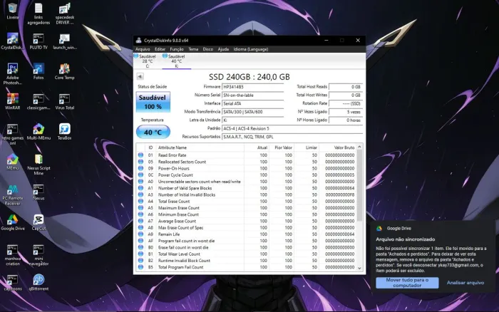 SSD 240GB Novo-Zero Horas de Uso (Saude 100%)