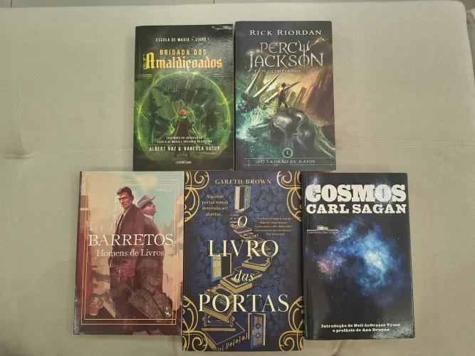 Kit de livros usados: Percy Jackson, Brigada dos amaldiçoados, Cosmos, Livro das portas +