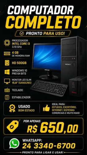 Computador completo Intel Core i3 + monitor slim 15,6
