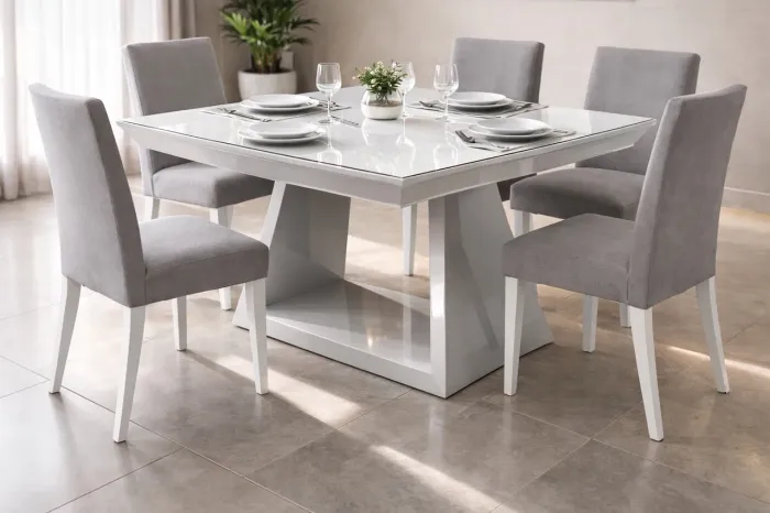 Mesa de Jantar 1,30m MDF Laqueado Branco + Vidro Temperado + 4 Cadeiras Estofadas