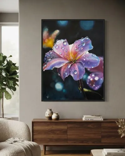 Quadro decorativo para ambientes flor e orvalho óleo sobre tela 60x80