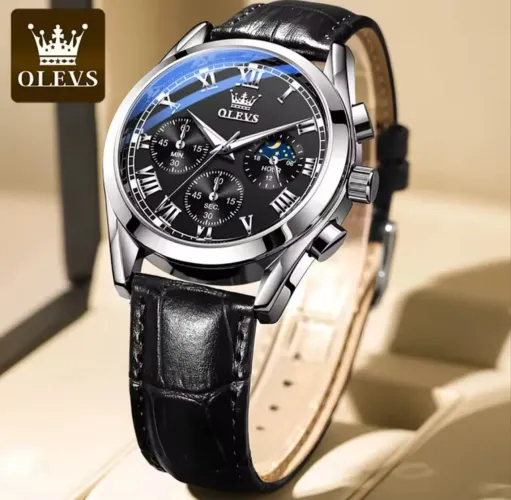 Relógio de Pulso Premium de Luxo Bonito Olevs 2871 Silver Black Pulseira de Couro Preto