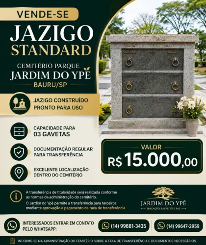 VENDE-SE JAZIGO STANDARD NO CEMITÉRIO PARQUE JARDIM DO YPÊ - BAURU/SP