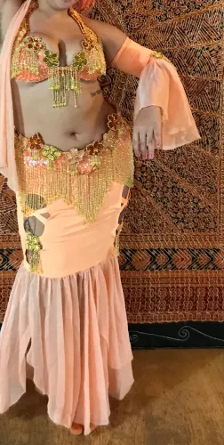 À VENDA | Figurino de Dança do Ventre , Bordado à mão | Laranja e Dourado