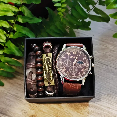 Kit Relógio Masculino Geneva Marrom + Pulseiras (Com detalhe no vidro)