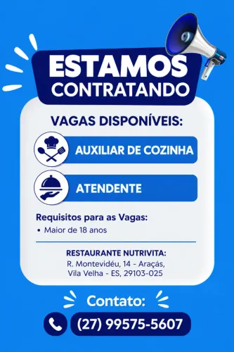 Vaga para auxiliar de cozinha e atendente