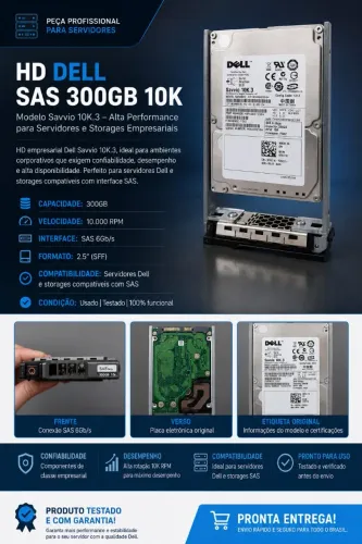 HD Dell Savvio 10K.3 SAS 300GB 10K RPM 6Gb/s | Testado e 100% Funcional