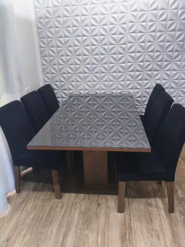 Sala de Jantar Mesa Tampo de Vidro 6 Cadeiras Alexis Madeso