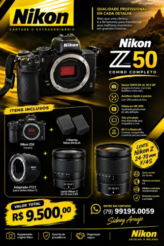 Nikon Z50 com 20k Cliques + Lente 24-70mm f/4 S + Adaptador FTZ II + 2 Baterias