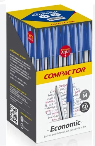Caneta Esferográfica, Compactor, Cristal/Azul, Pacote com 50 unidades