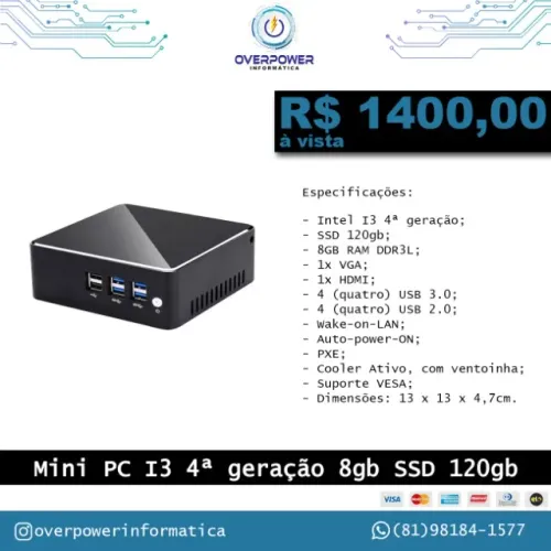 Mini PC computador I3 4ª geração, SSD 120gb, Memória ram 8gb DDR3, HDMI