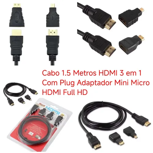 Cabo 1.5 Metros HDMI 3 em 1 Com Plug Adaptador Mini Micro HDMI Full HD