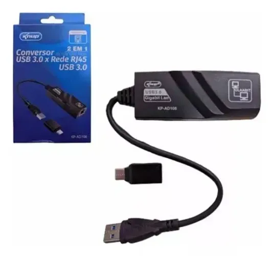 Adaptador USB 3.0 e Tipo-C para RJ45 - Gigabit Ethernet 10/100/1000 Knup KP AD106