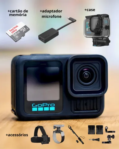 GoPro Hero 13 Black + case + equipamentos + cartão de memória + adaptador de microfone