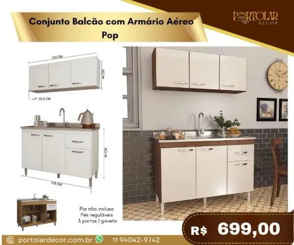Conjunto balcão com armário aéreo Pop, a pronta entrega