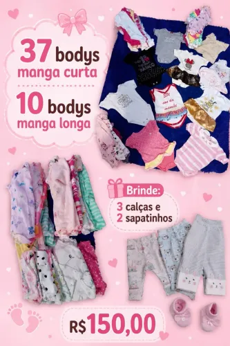 Lote contendo 47 bodys de menina 0-3 meses, marcas variadas em perfeito estado