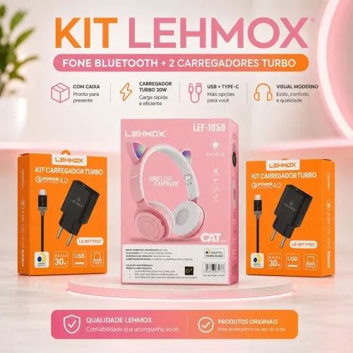 Kit LEHMOX - Fone Bluetooth LEF-1059 + 2 Carregadores Turbo 30W