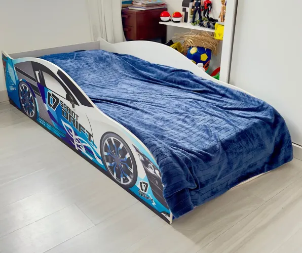 Linda Cama de Solteiro Racing Car Azul Infantil Carro Moderno MDF