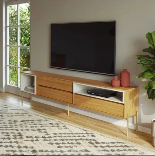 Rack Florença até 75? (2,24m) - Estrutura 100% MDF, Nichos 3D e Pés Metálicos Gold