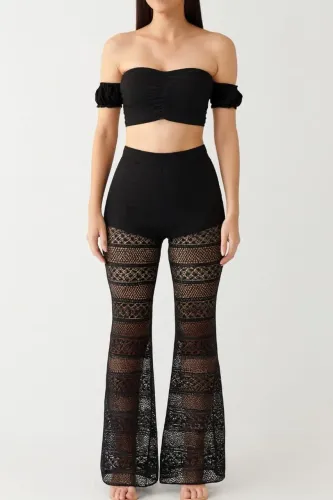 Conjunto Preto Cropped+ Calça Preta Renda P
