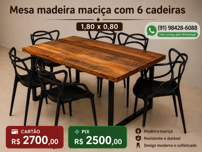 Mesa de madeira maciça com 6 cadeiras