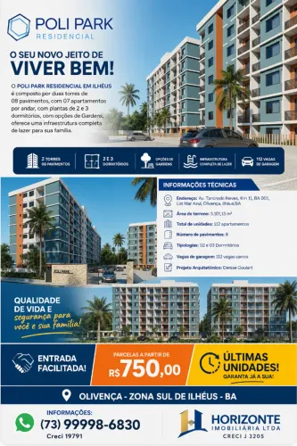 VENDO APARTAMENTO COM 2 OU 3/4 NO POLI PARK RESIDENCIAL EM ILHÉUS.