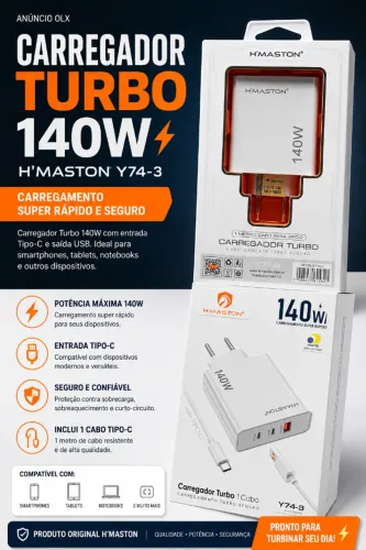 Carregador Turbo 140W H'Maston Original Carregamento Super Rápido com Cabo Tipo-C