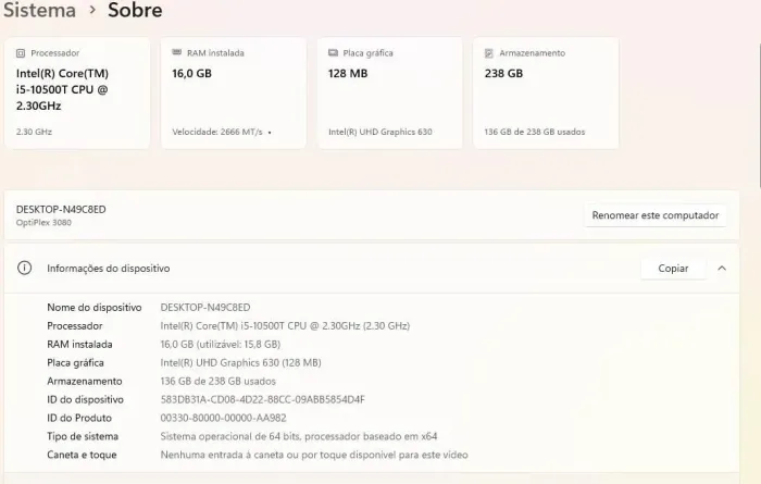 I5 10° 16 GB de RAM