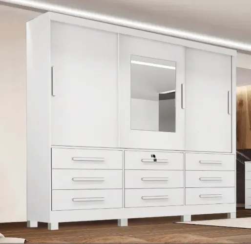 Guarda-Roupa Casal Elegance 3 Portas de Correr com Espelho e 9 Gavetas Branco